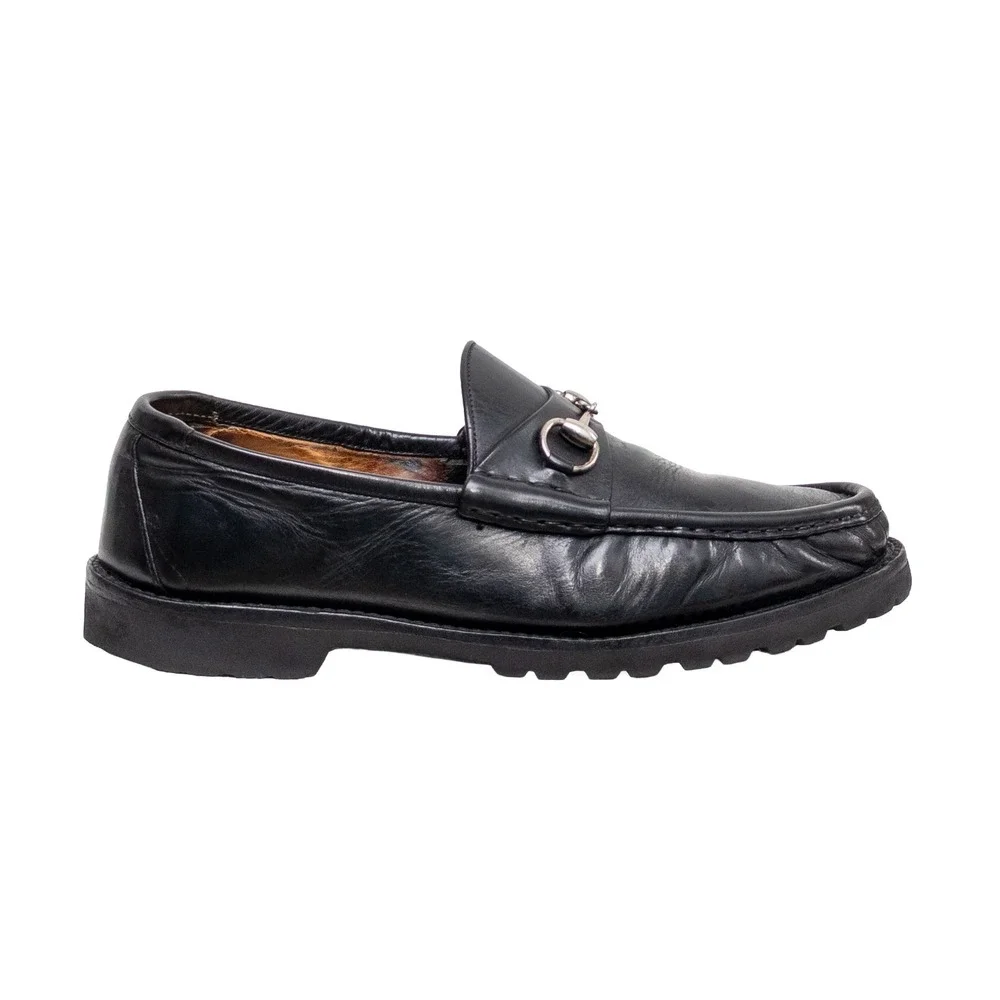 Gucci Vintage Mens Black Leather Horsebit Loafers Vibram Lug Sole Size 10
